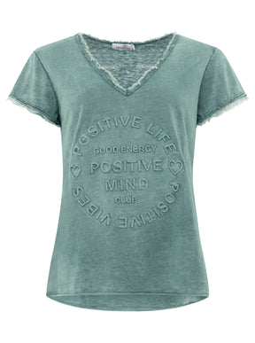 Zwillingsherz - Oversized T-Shirt "Positive Mind" Fransensaum - Petrol