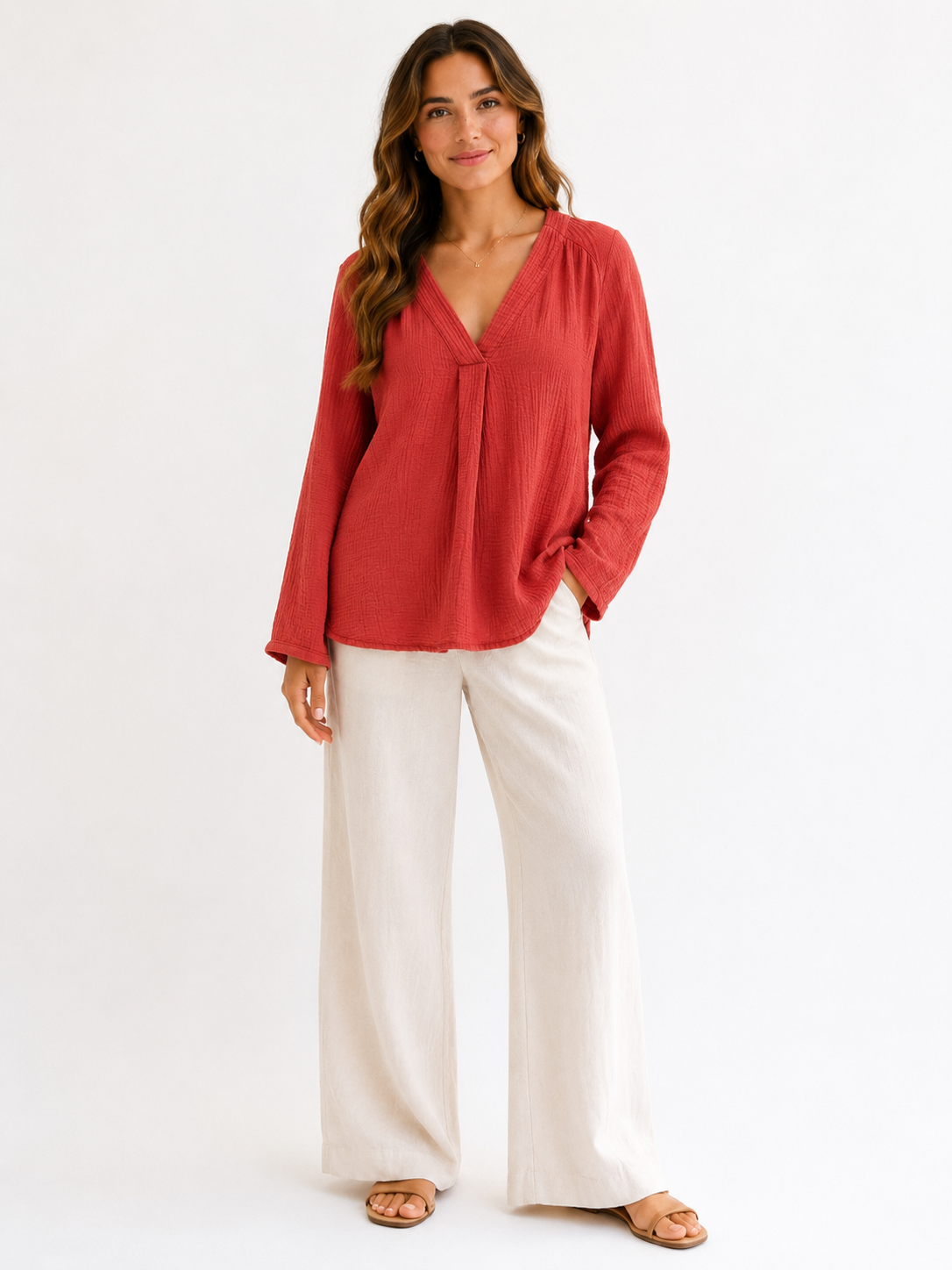 Musselin Bluse - V-Ausschnitt - Rostrot