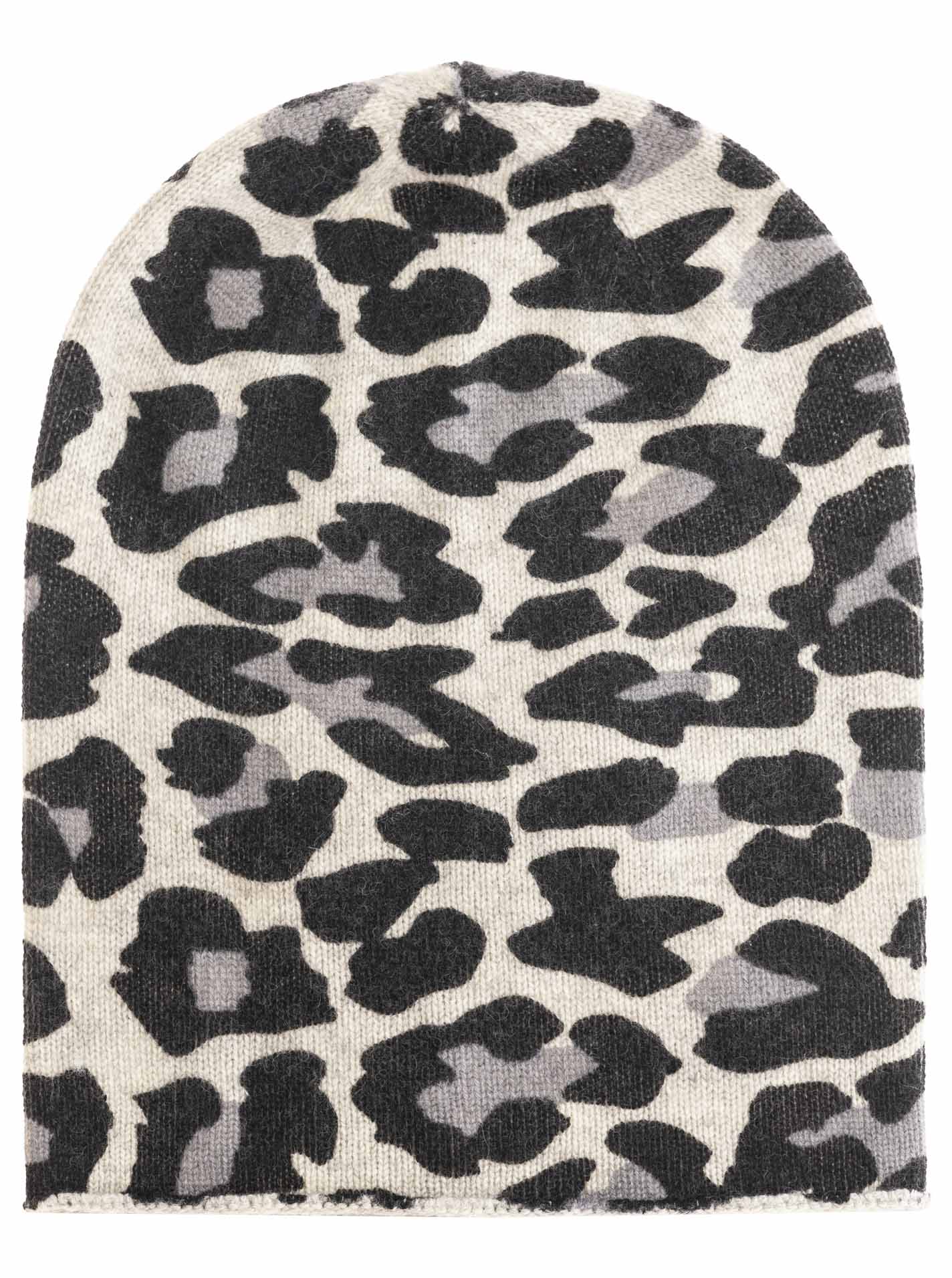 Zwillingsherz Damen Kaschmir- Beanie Mütze Leopard (100% Cashmere) - Grau