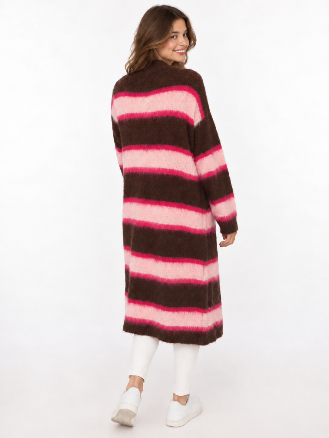 Zwillingsherz Long Cardigan "Fluffy Stripe" - Braun