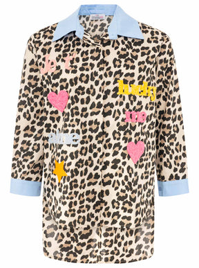 Zwillingsherz Oversize Bluse BW "Leo & Patches" - Blau