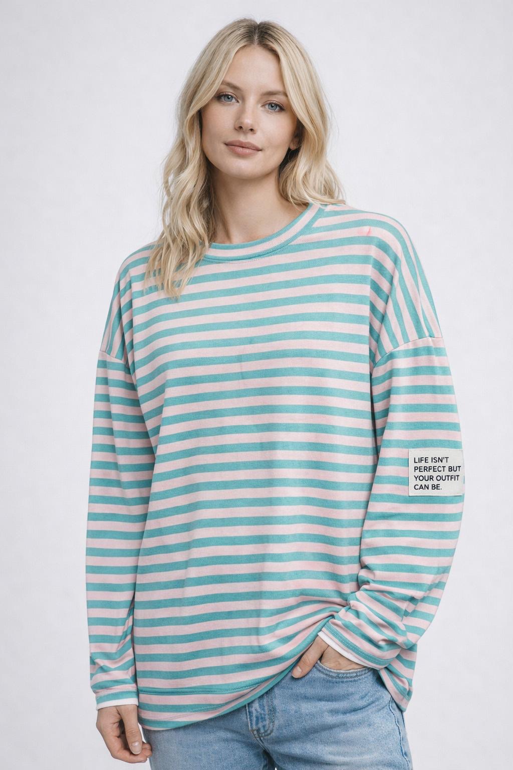 Flair - Leichtes Streifen Sweatshirt "Life isn’t Perfect but your Outfit can be" - Mint