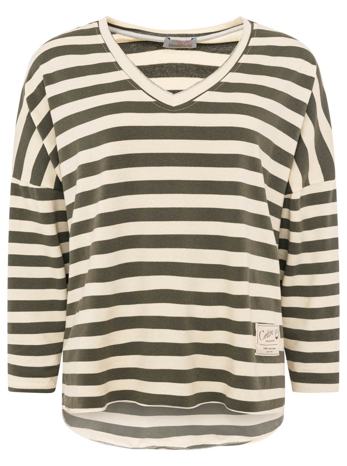 Zwillingsherz - Sweatshirt V-Neck "Streifen & Jersey" - Khaki