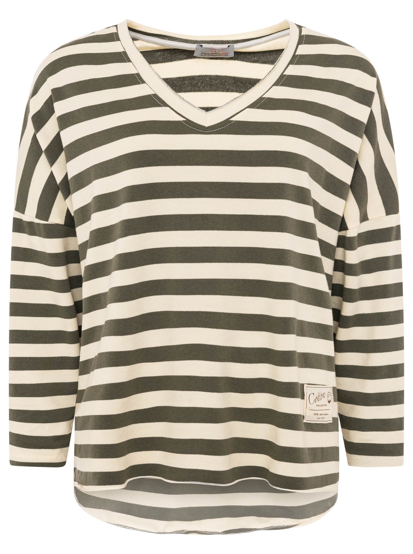 Zwillingsherz - Sweatshirt V-Neck "Streifen & Jersey" - Khaki