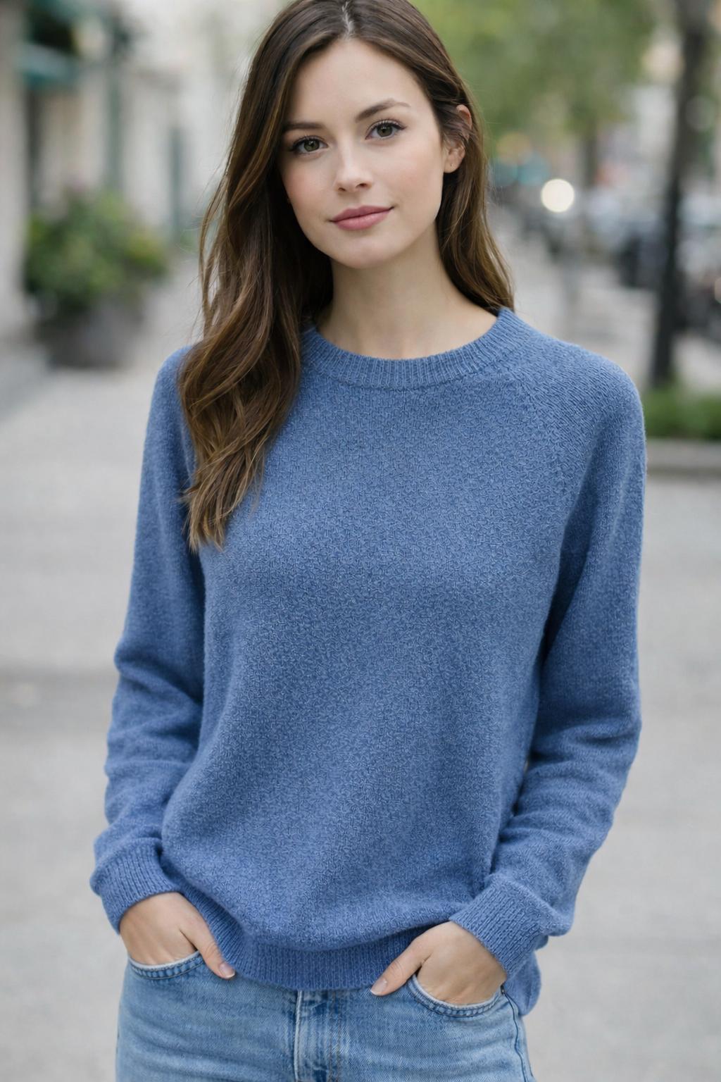 Weicher Alpaka Rundhals Pullover - Mittelblau