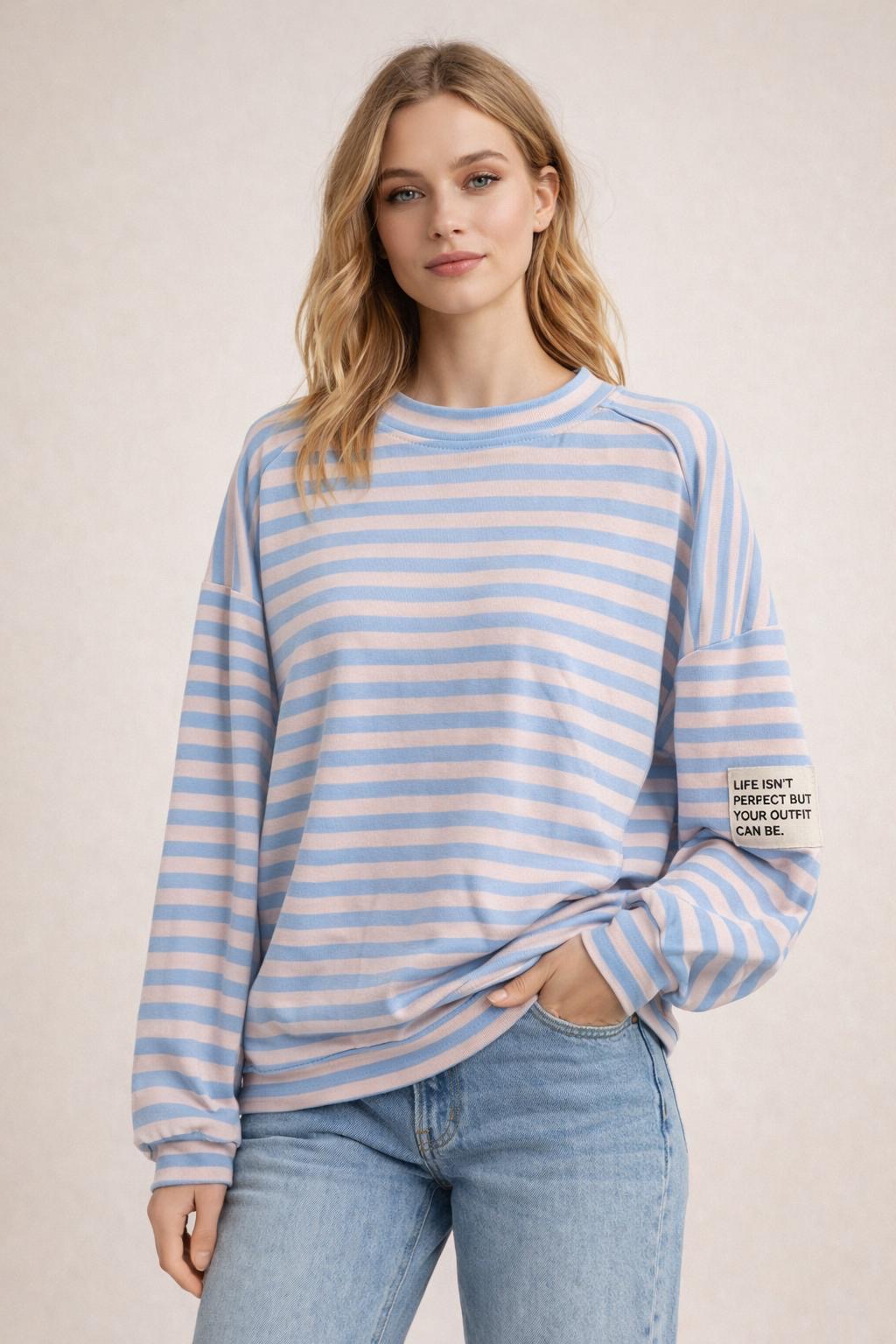 Flair - Leichtes Streifen Sweatshirt "Life isn’t Perfect but your Outfit can be" - Hellblau