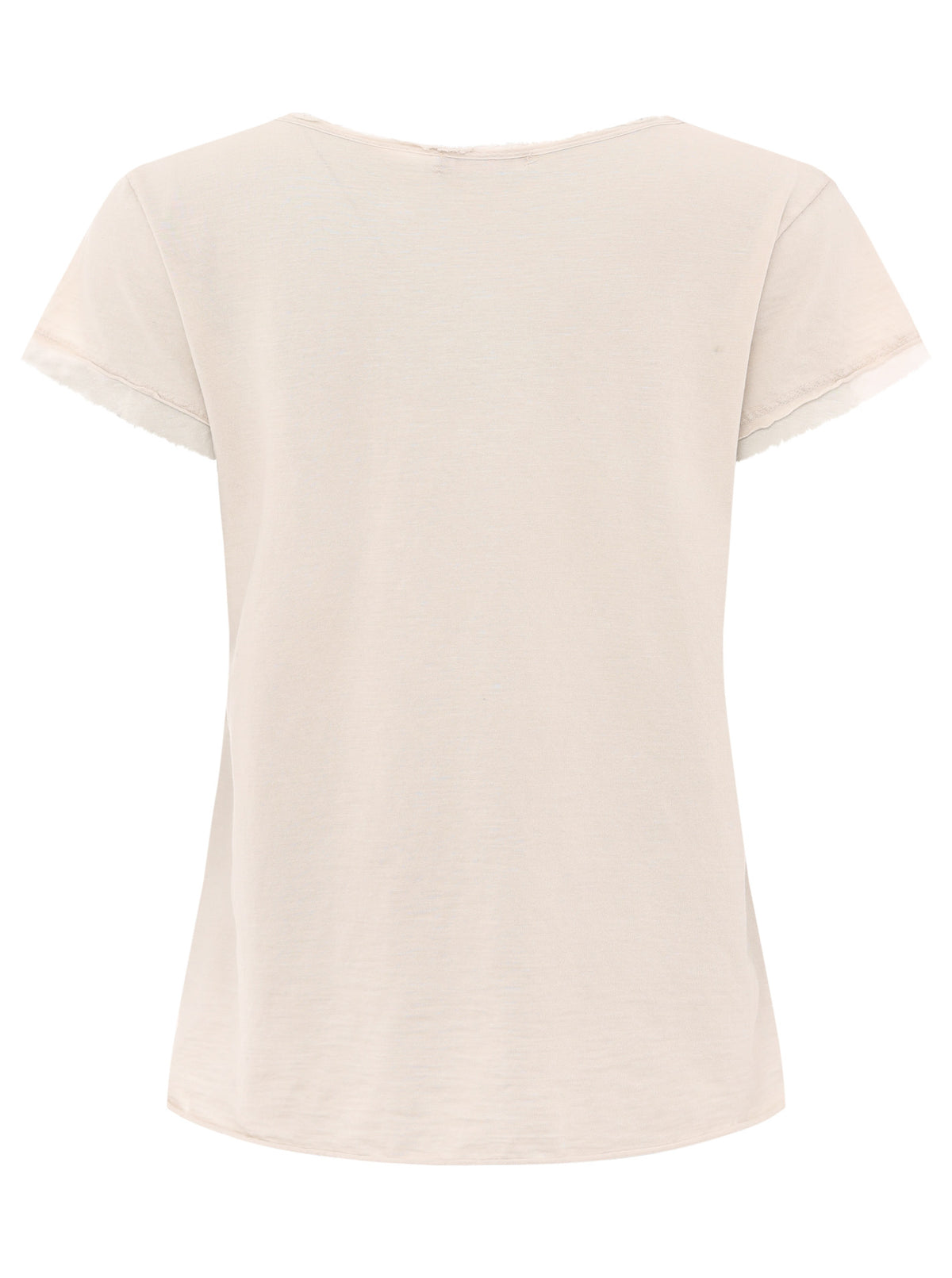Zwillingsherz - Oversized T-Shirt "Positive Mind" V-Ausschnitt Fransensaum - Hellbeige