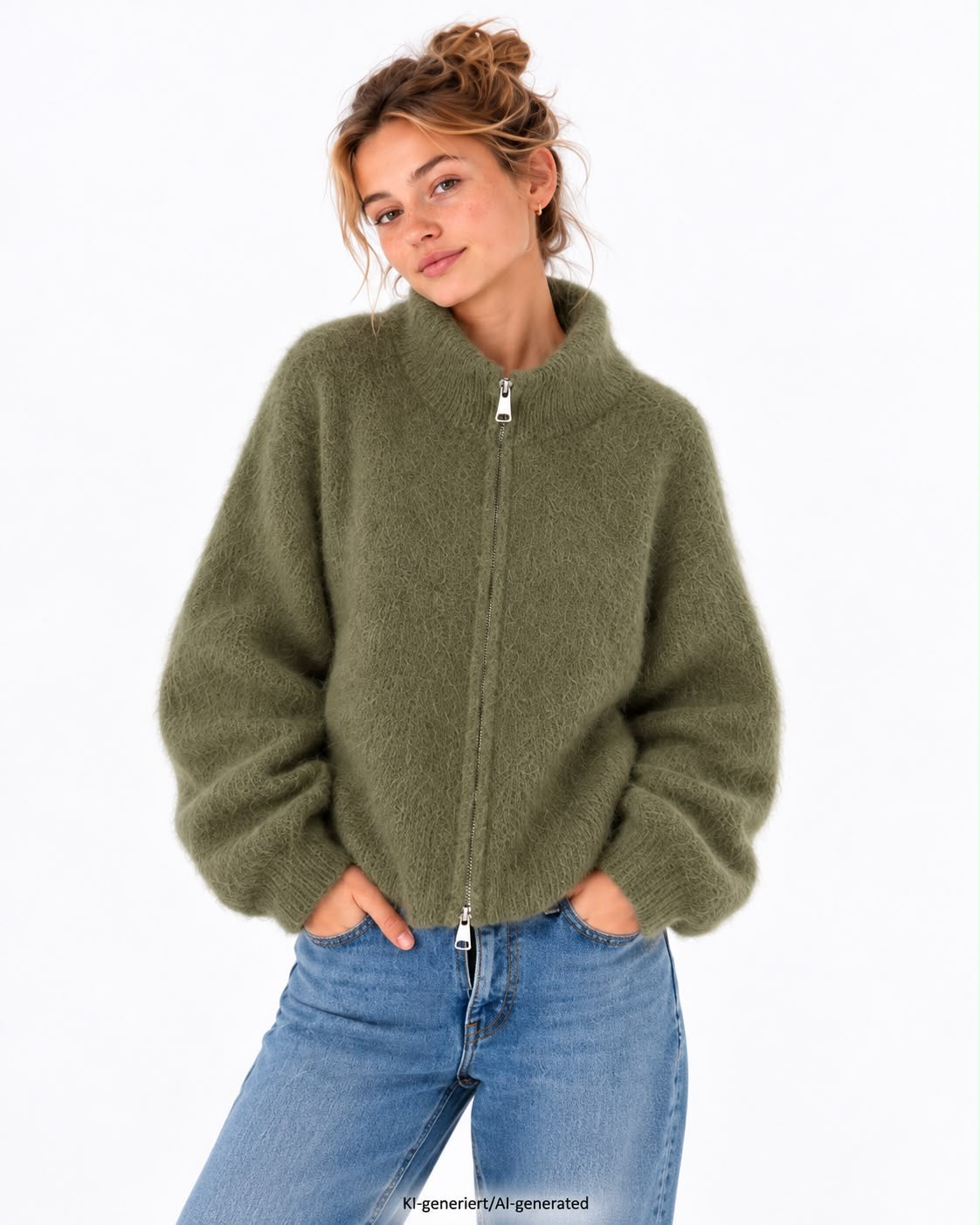 Made in Italy - Zip Jacke aus feinem Kid Mohair - Olive