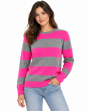 Zwillingsherz Kaschmir Pullover "Blockstreifen" (100% Cashmere) - Mittelgrau/Neonpink