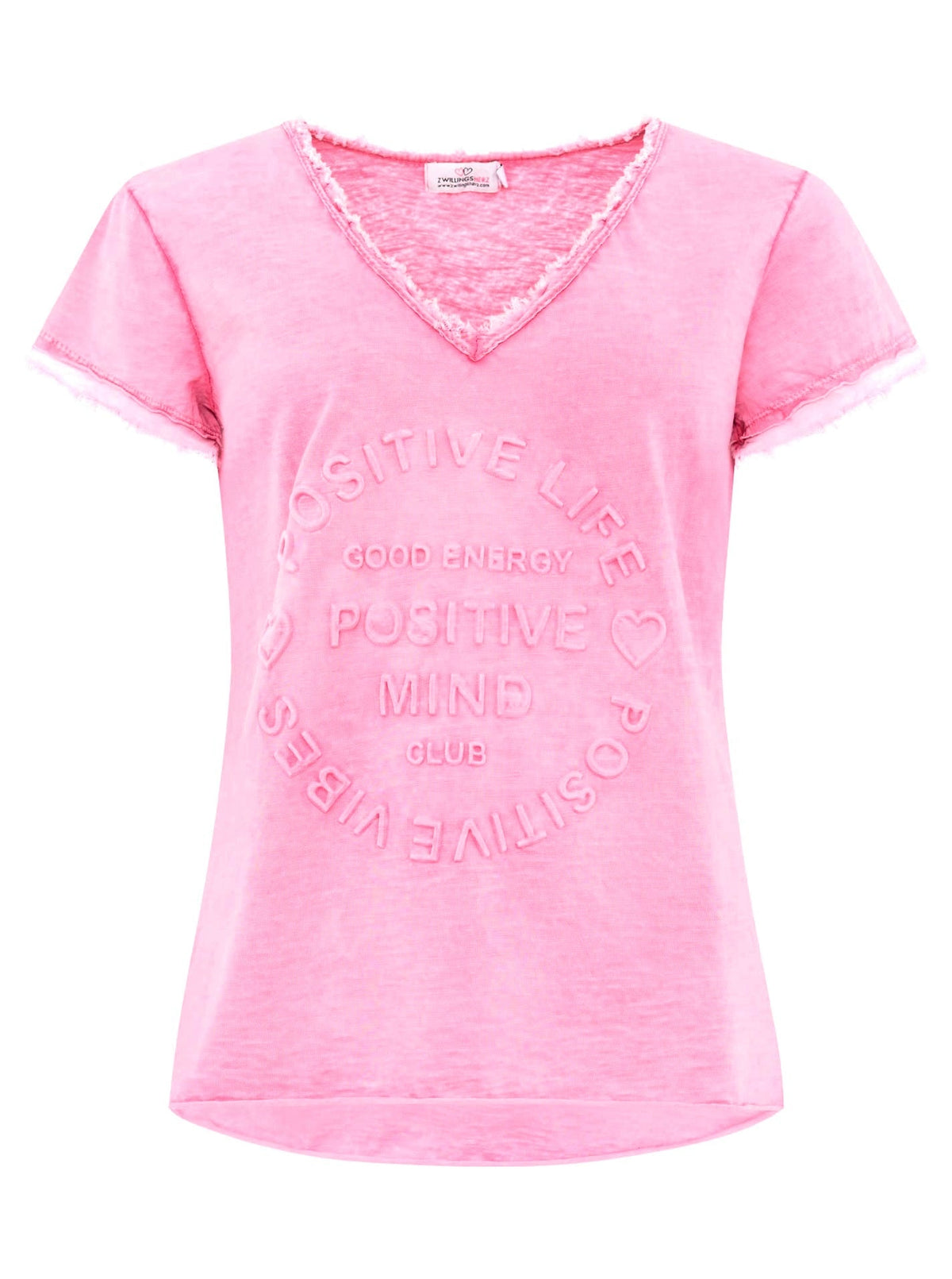 Zwillingsherz - Oversized T-Shirt "Positive Mind" V-Ausschnitt Fransensaum - Rosa