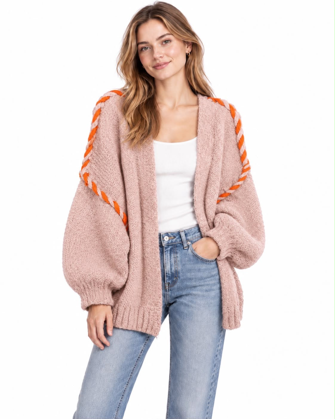 Oversize Cardigan Viskose mit Kontrastnaht – Puderrosa/Orange