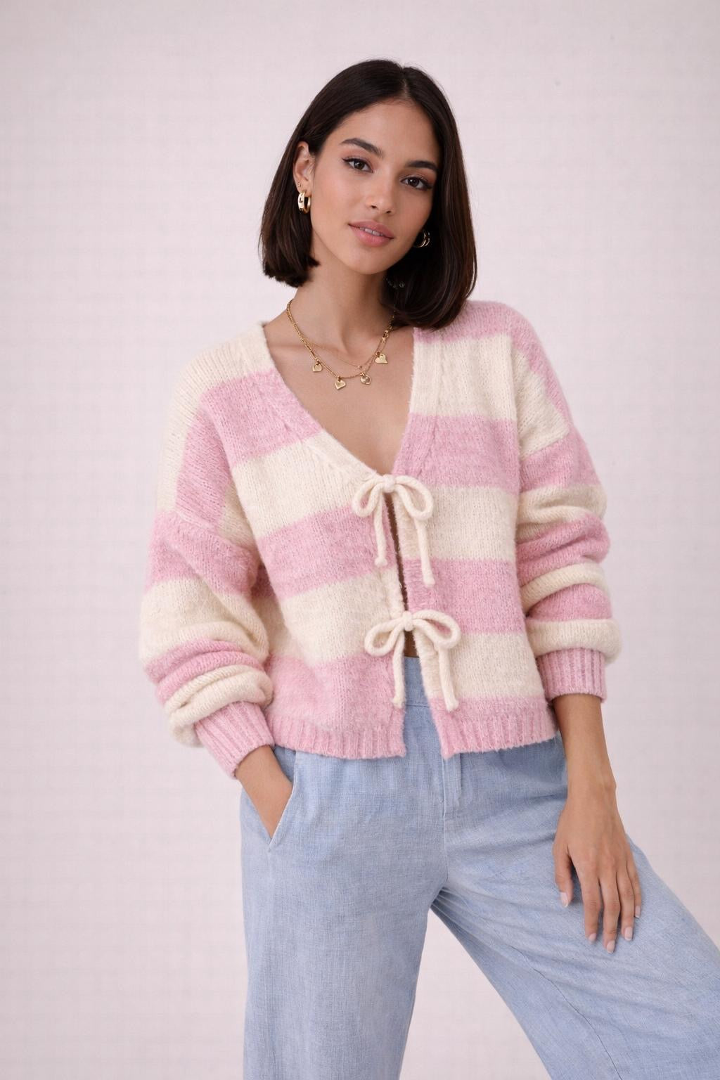 Zweifarbiger Cardigan mit Schleife - Rosa/Creme