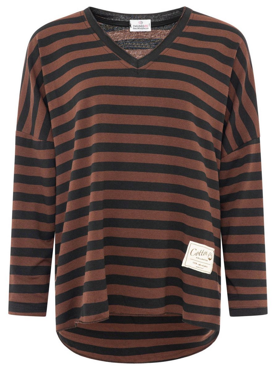 Zwillingsherz - Sweatshirt V-Neck "Streifen & Jersey" - Braun