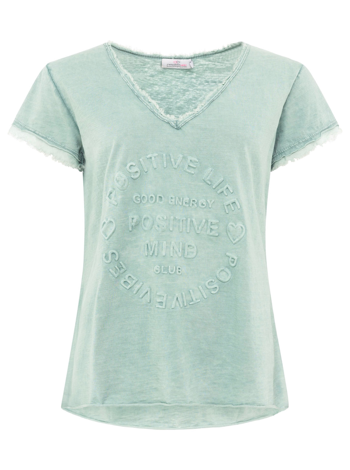 Zwillingsherz - Oversized T-Shirt "Positive Mind" V-Ausschnitt Fransensaum - Salbei
