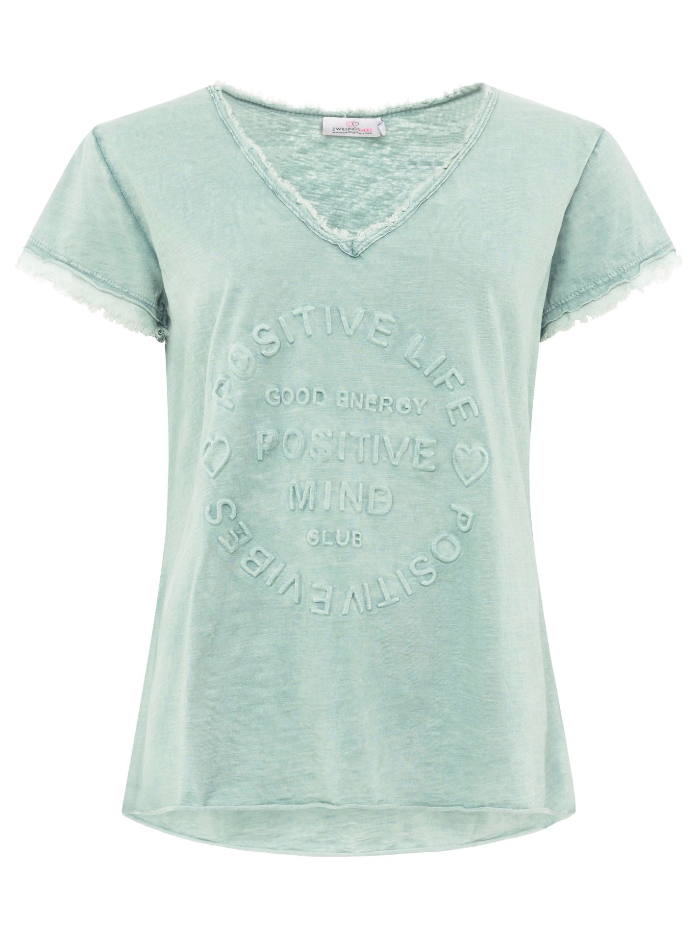 Zwillingsherz - Oversized T-Shirt "Positive Mind" V-Ausschnitt Fransensaum - Salbei