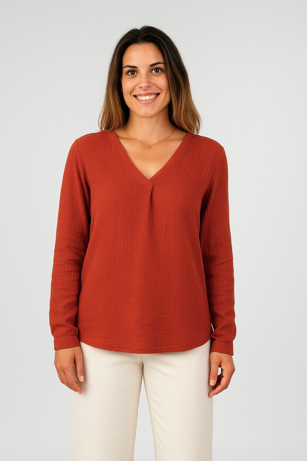Musselin Bluse - V-Ausschnitt - Rostrot