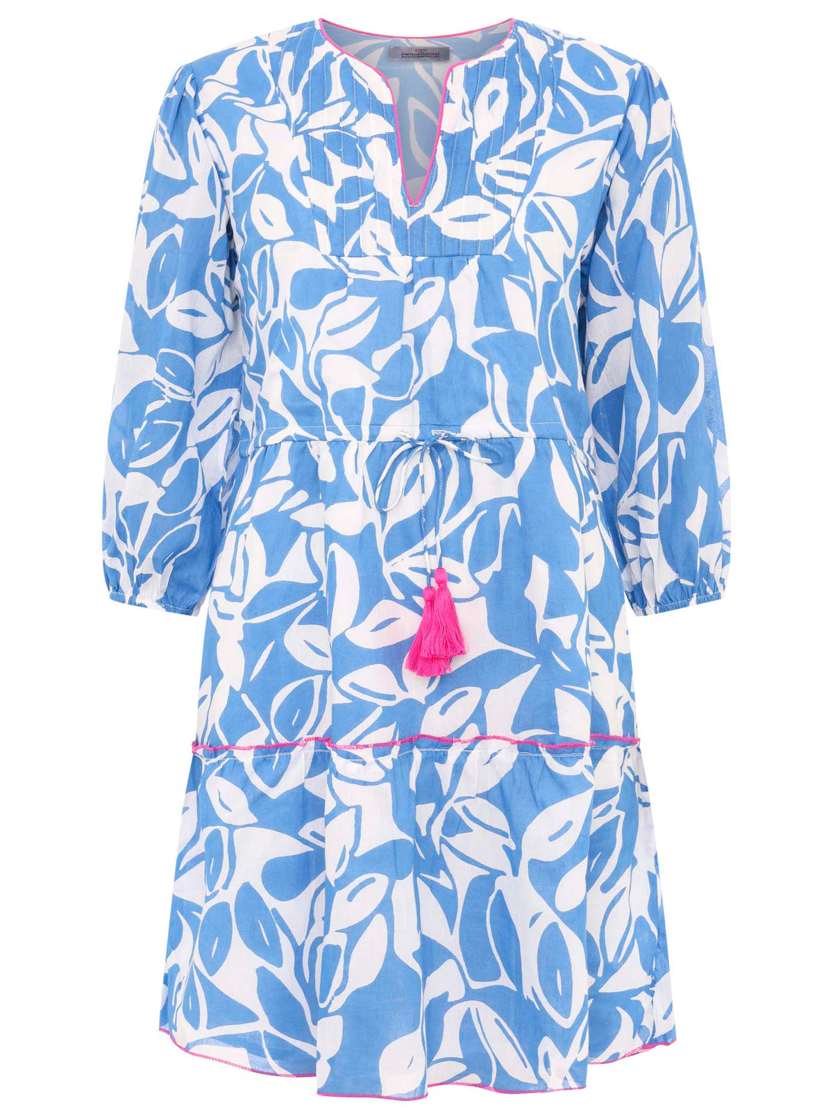 Zwillingsherz - Baumwolle Kleid mit Design Blätter - Blau/Weiß