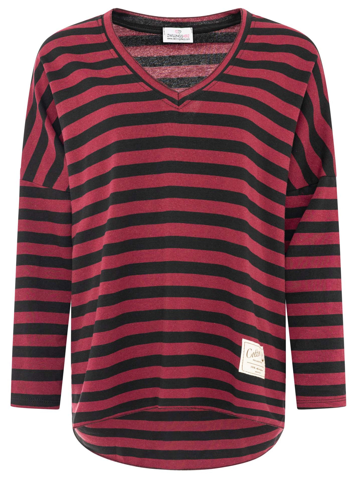 Zwillingsherz - Sweatshirt V-Neck "Streifen & Jersey" - Beere
