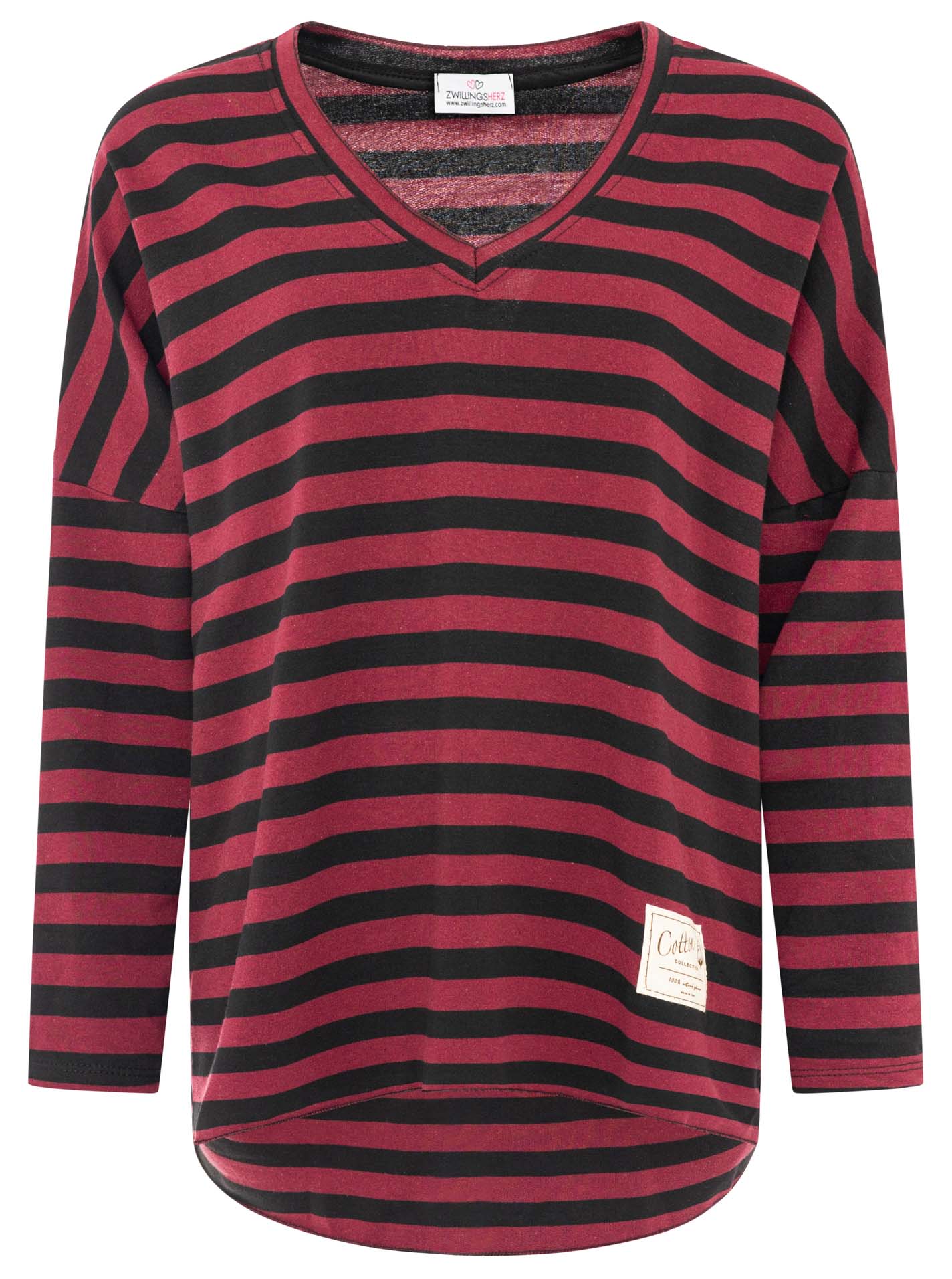 Zwillingsherz - Sweatshirt V-Neck "Streifen & Jersey" - Beere