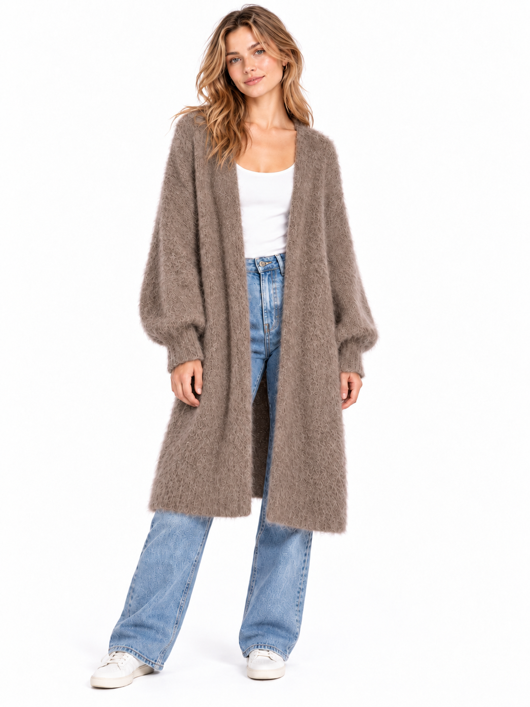 Langer Oversized Cardigan aus hochwertigem Kid Mohair - Taupe