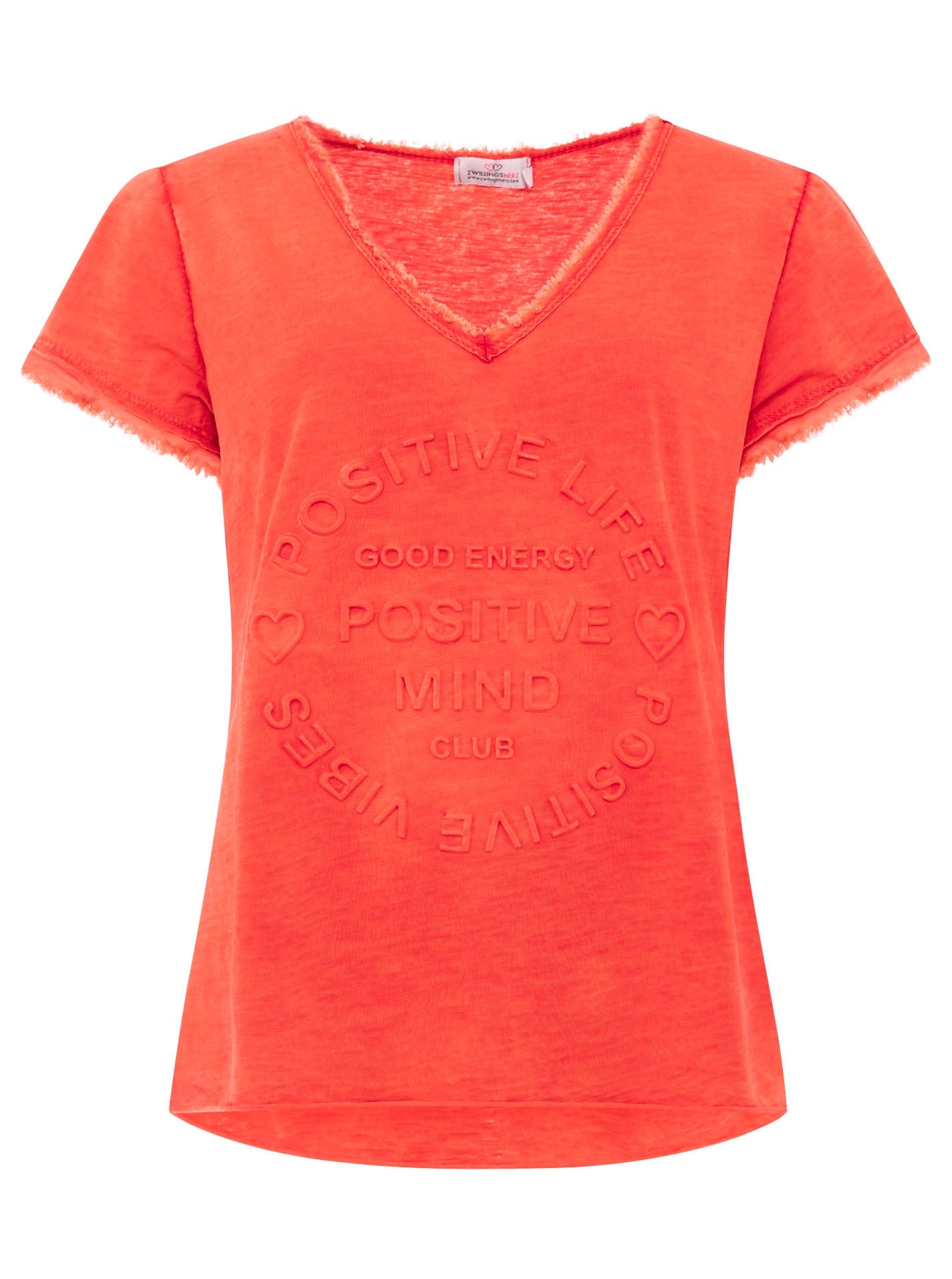 Zwillingsherz - Oversized T-Shirt "Positive Mind" V-Ausschnitt Fransensaum - Rot