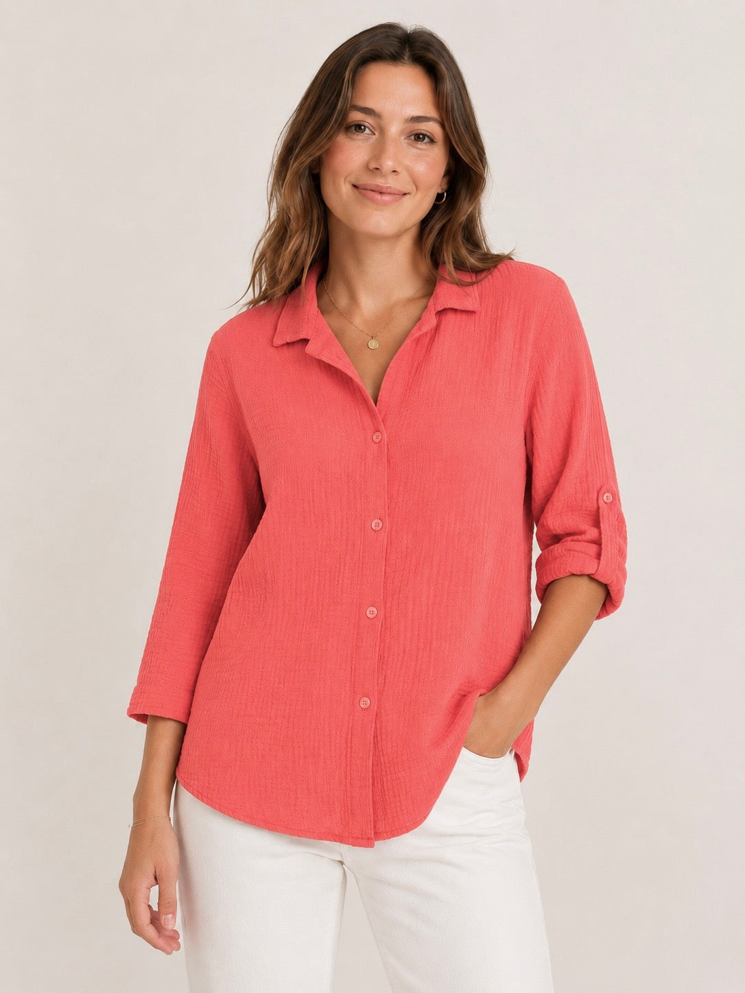 Musselin-Bluse Knopfleiste 3/4 Arm - Koralle