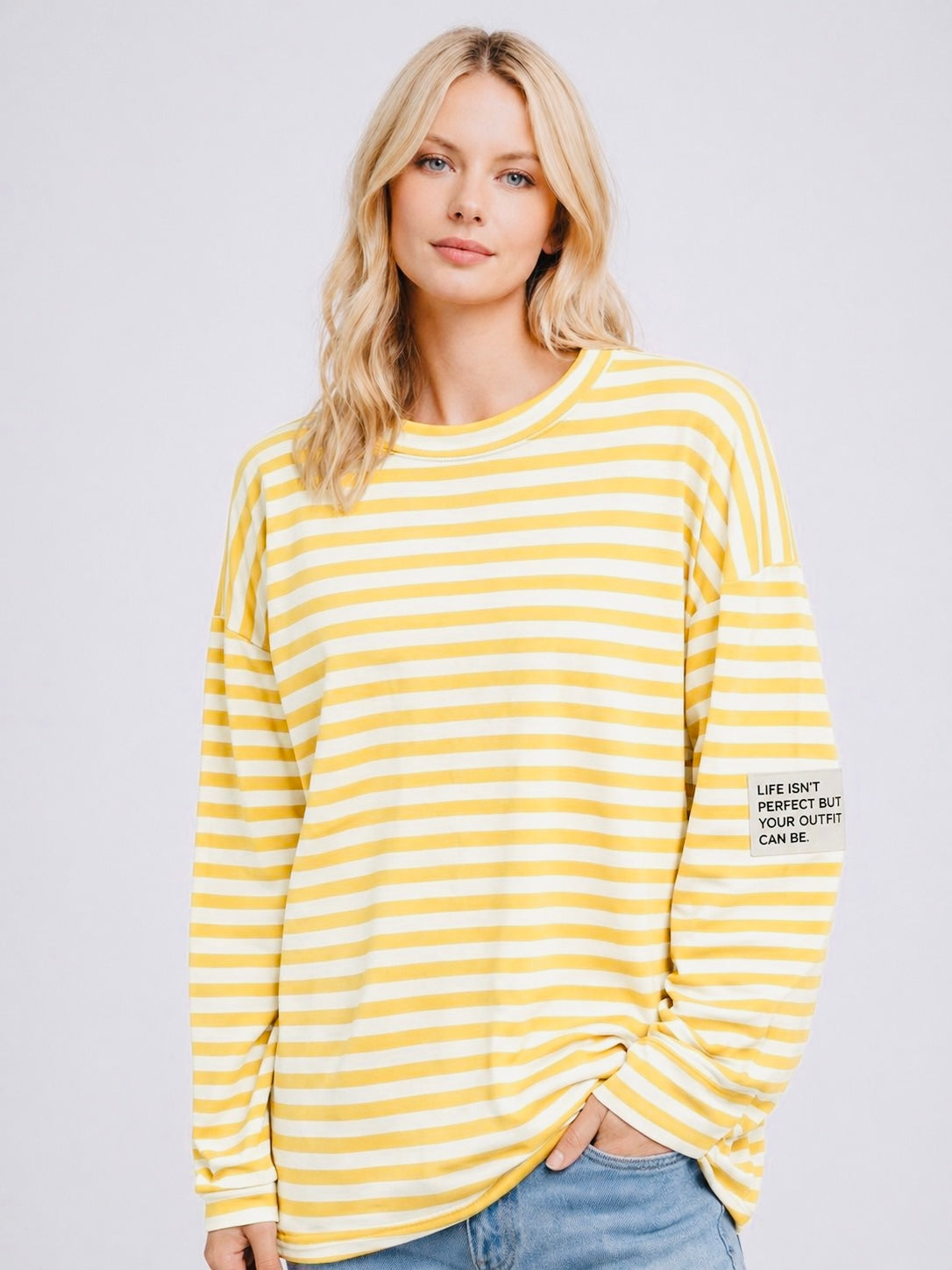 Flair - Leichtes Streifen Sweatshirt "Life isn’t Perfect but your Outfit can be" - Gelb