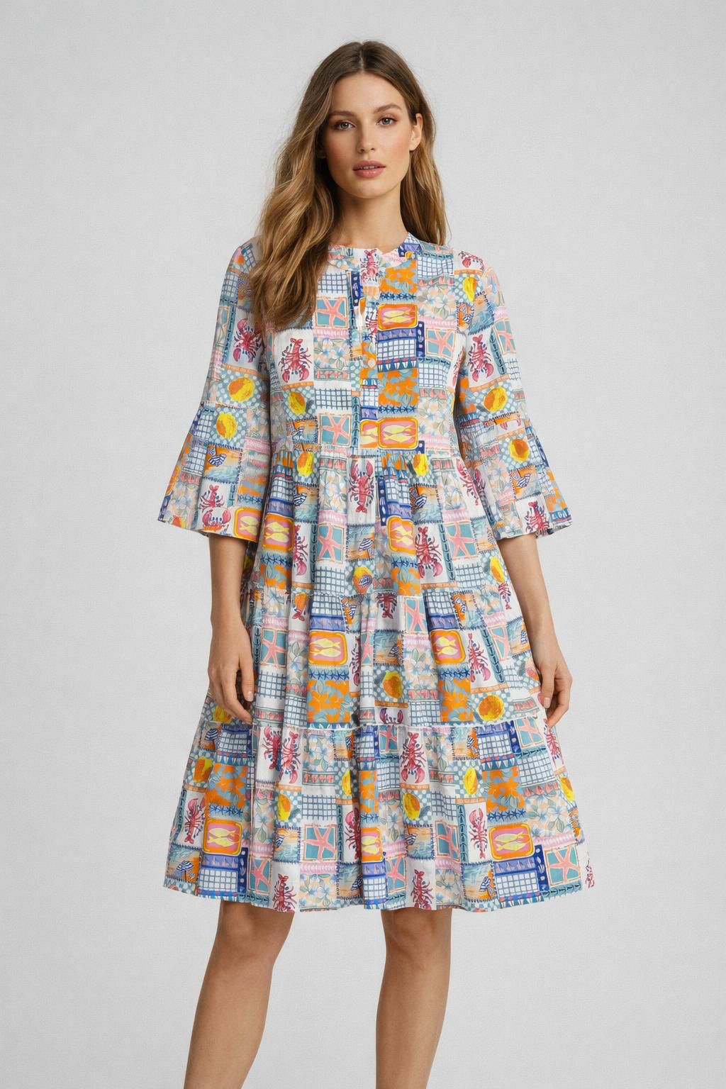 Maritimes Viskosekleid mit Knöpfen - Blau