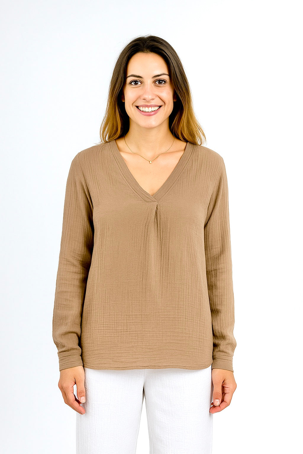 Musselin Bluse - V-Ausschnitt - Taupe