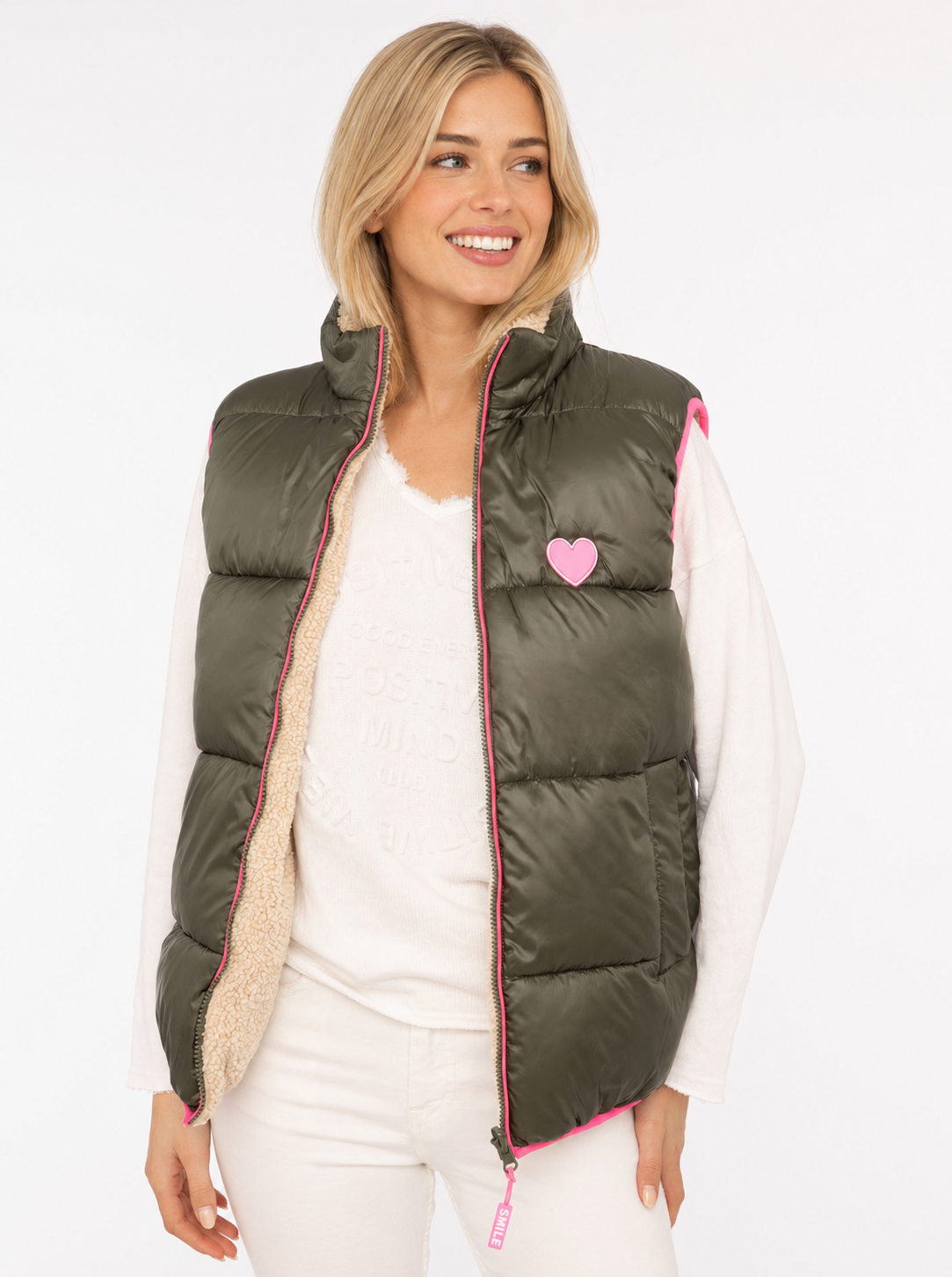 Zwillingsherz Steppweste kurz „Teddy Wendbar“ - Khaki/Beige