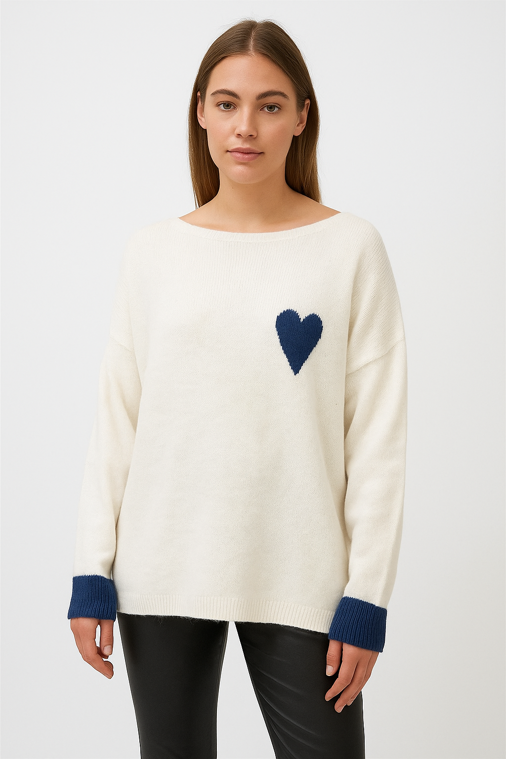 Strick-Pullover Wolle mit "Herz" - Wollweiß