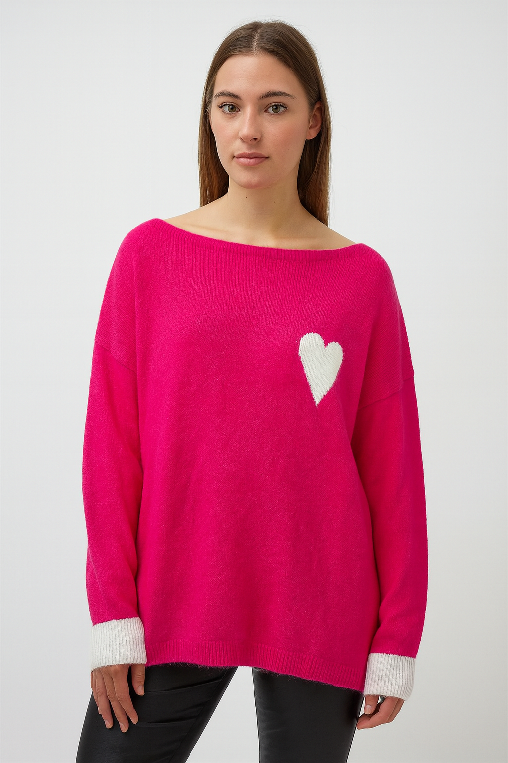 Strick-Pullover Wolle mit "Herz" - Neonpink