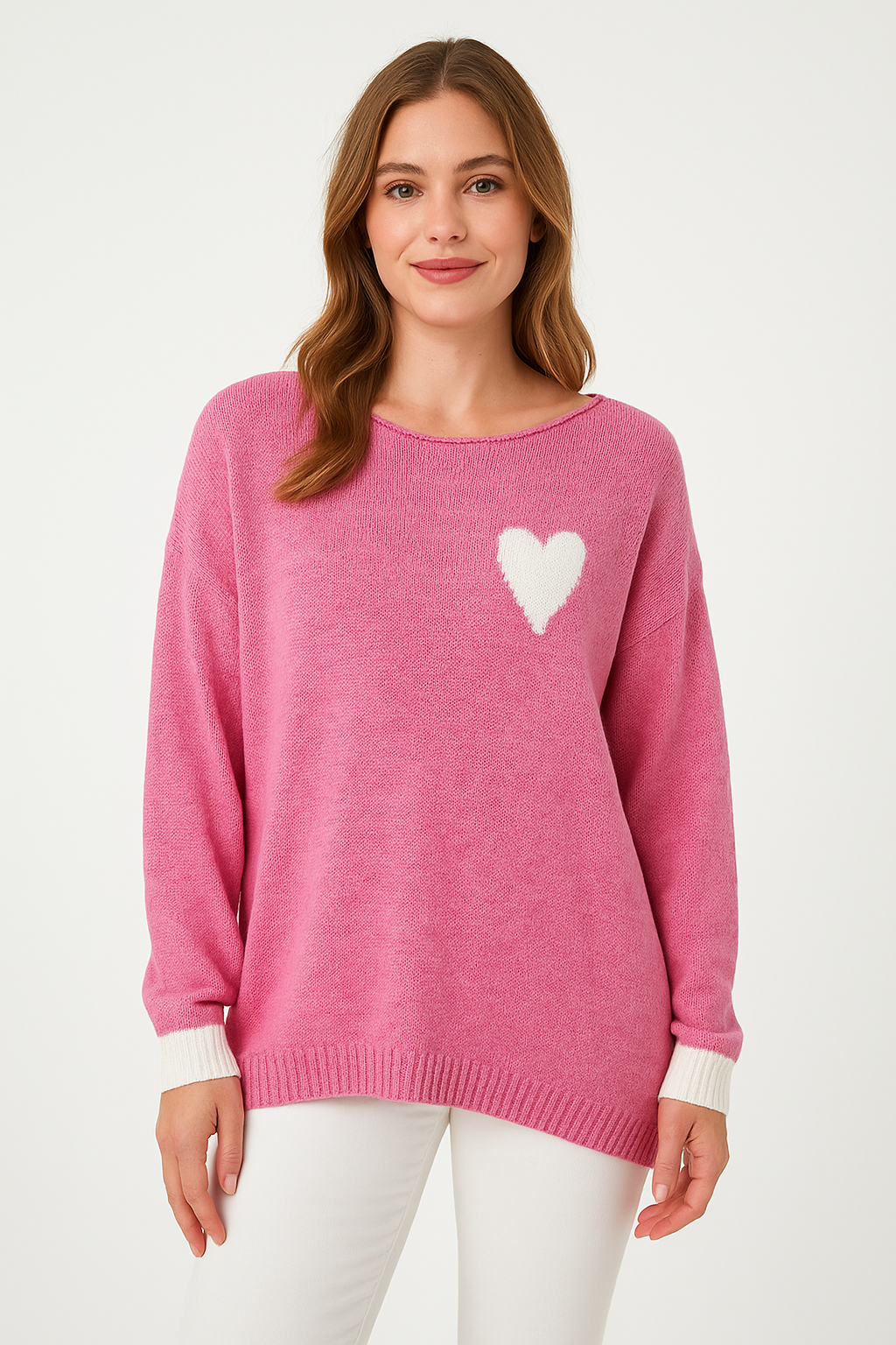 Strick-Pullover Wolle mit "Herz" - Bubblegumpink