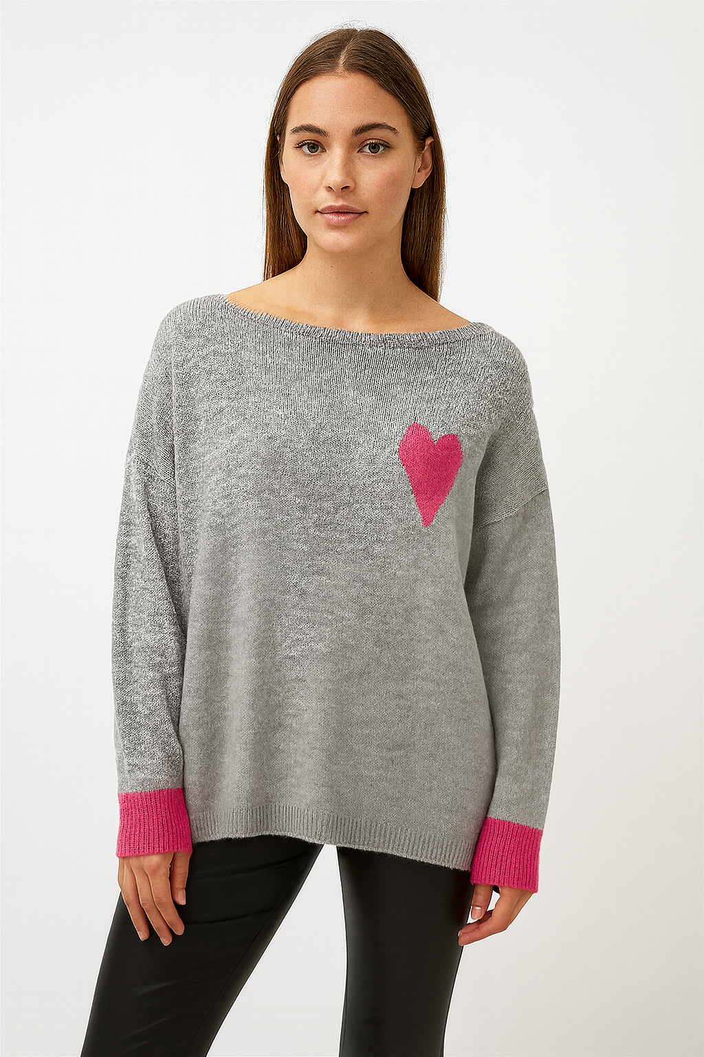 Strick-Pullover Wolle mit "Herz" - Grau/Pink