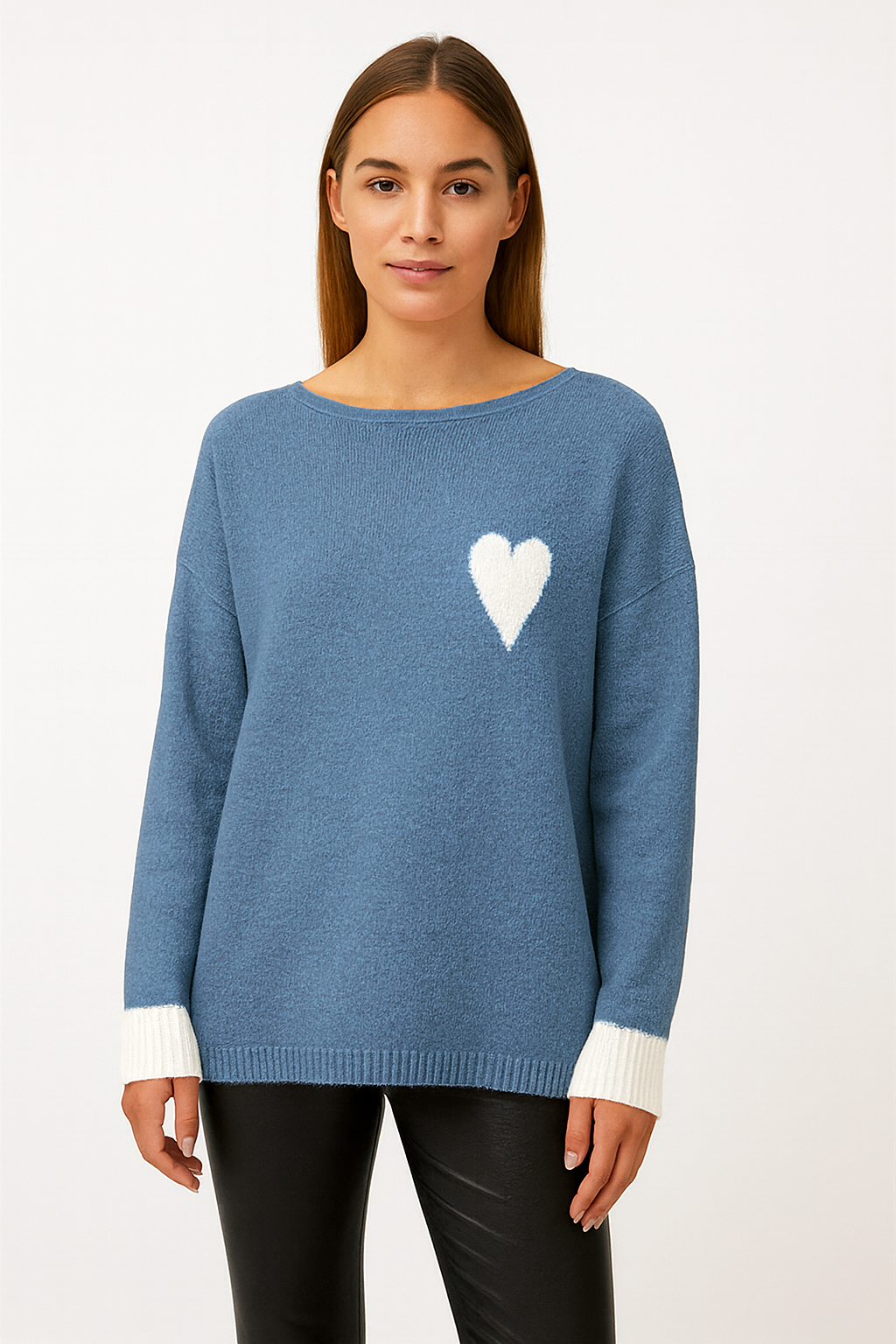 Strick-Pullover Wolle mit "Herz" - Jeansblau