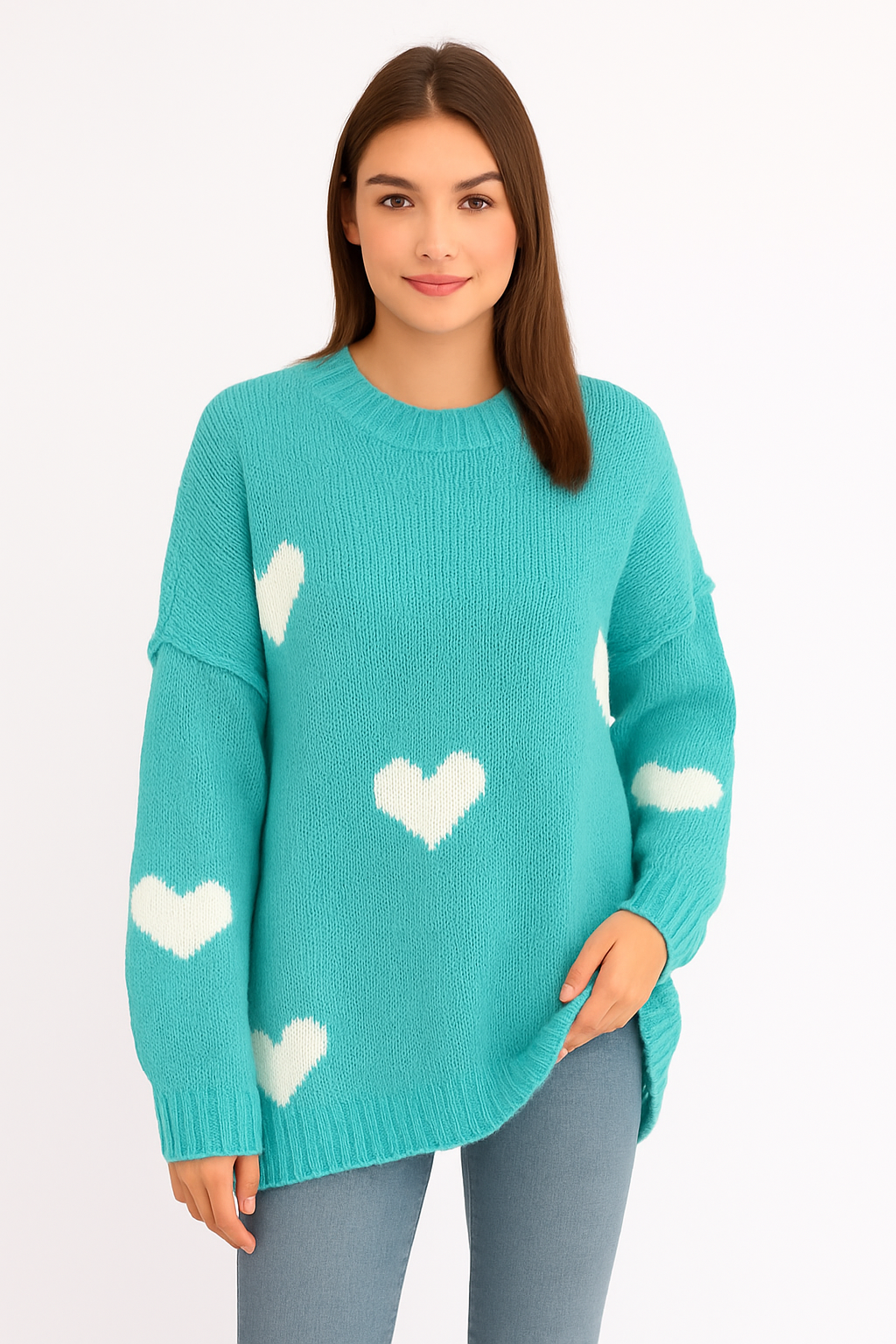 Strick-Pullover Wolle mit naht "Herzen" - Türkis