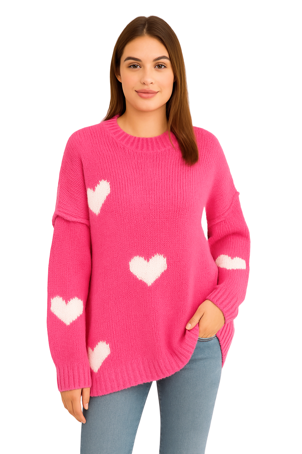Strick-Pullover Baumwolle mit naht "Herzen" - Neonpink