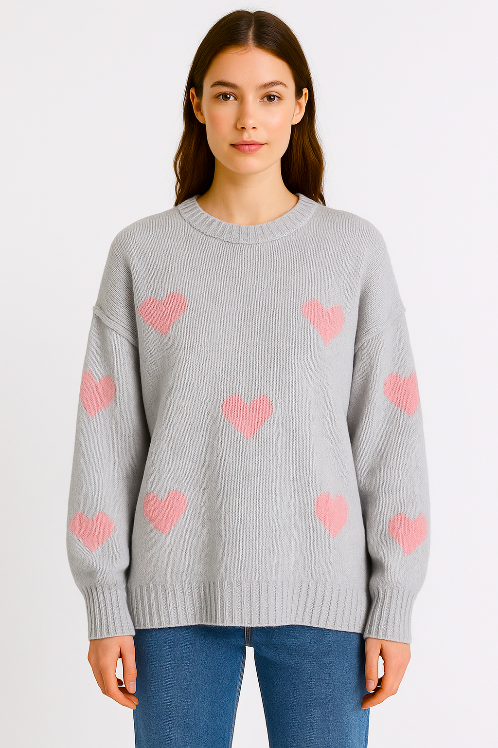 Strick-Pullover Wolle mit naht "Herzen" - Hellgrau
