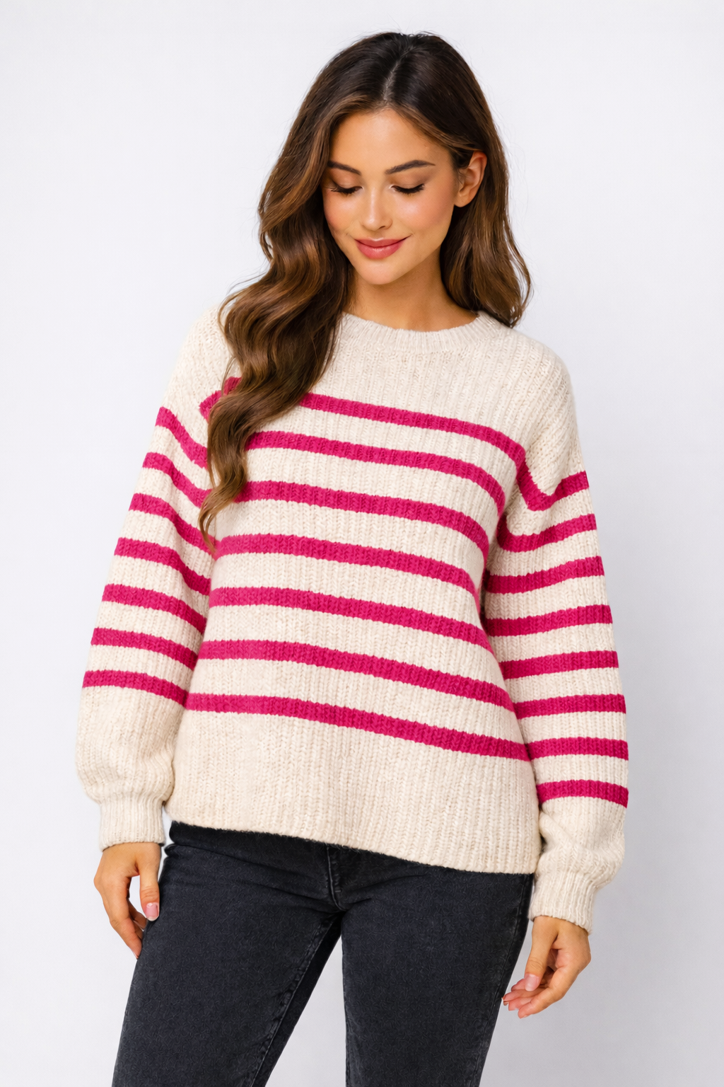 Flair - Pullover mit Streifenoptik - Weiß/Pink