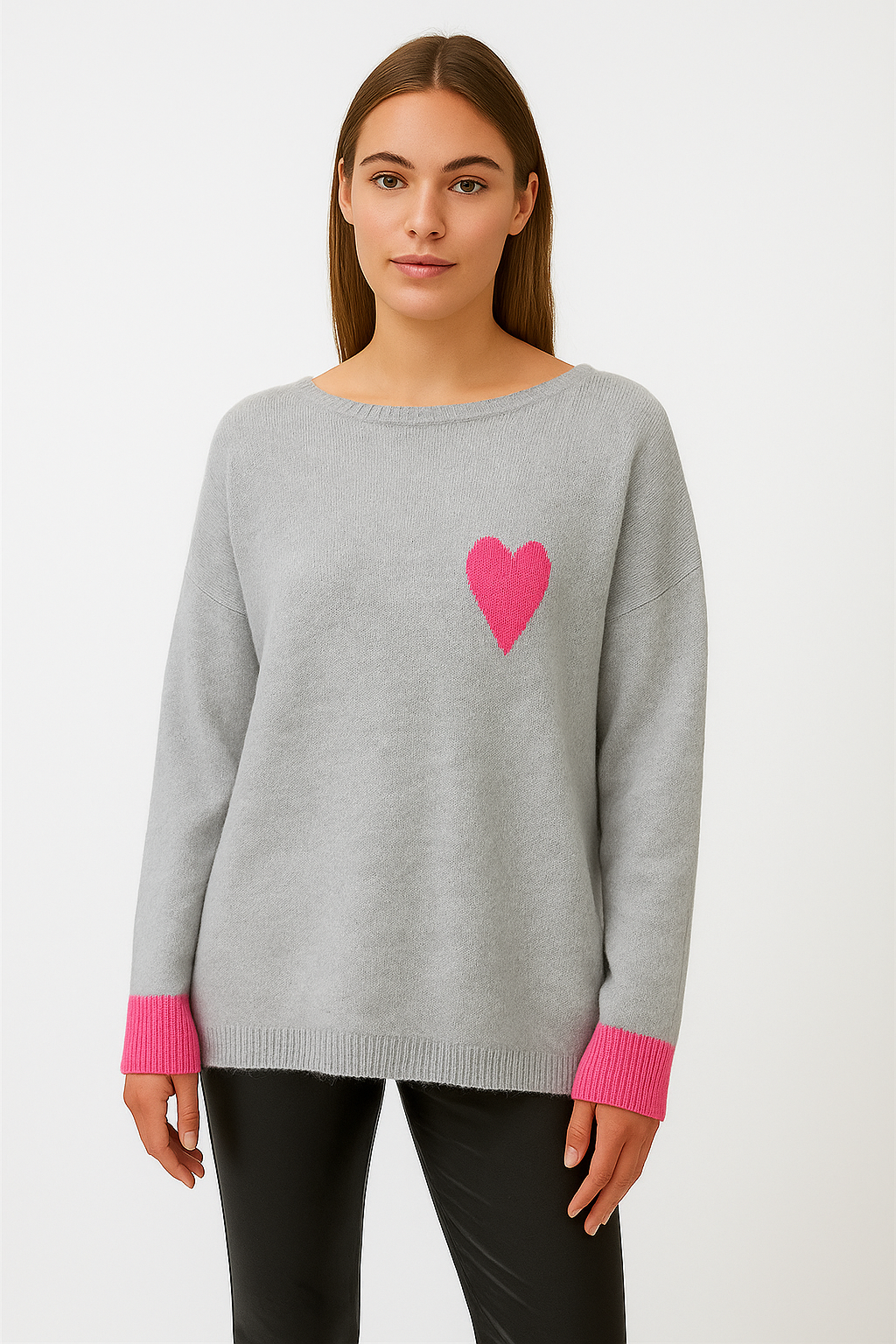 Strick-Pullover Wolle mit "Herz" - Hellgrau/Pink