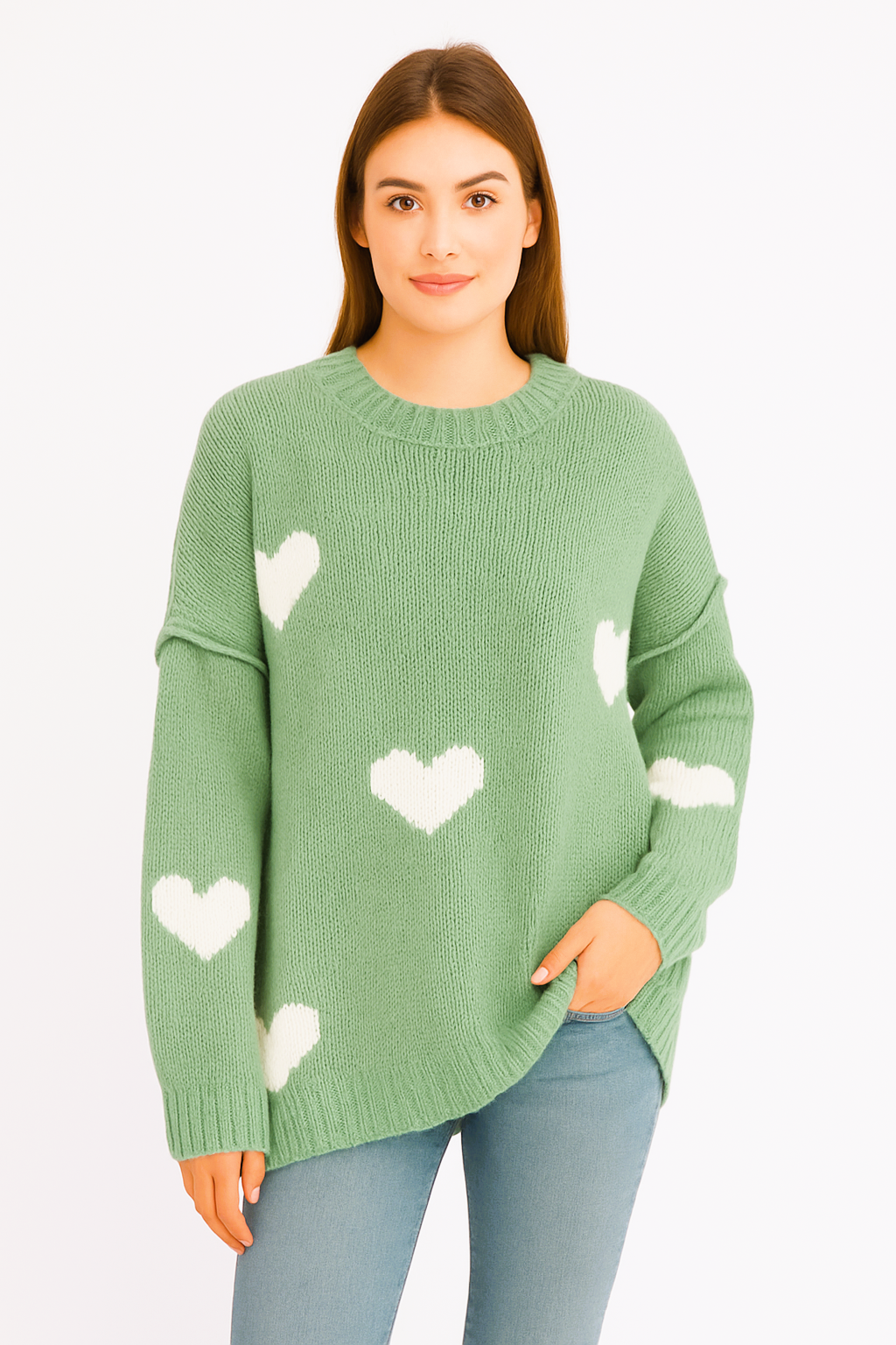 Strick-Pullover Baumwolle mit naht "Herzen" - Mint