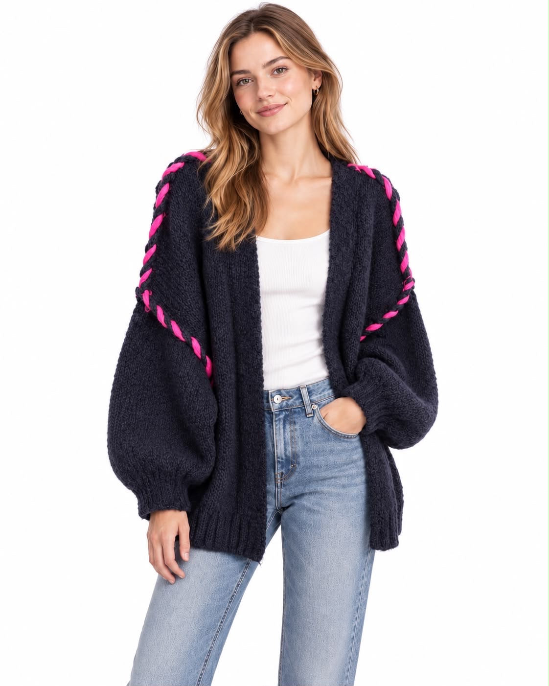 Oversize Cardigan Viskose mit Kontrastnaht – Navy/Pink