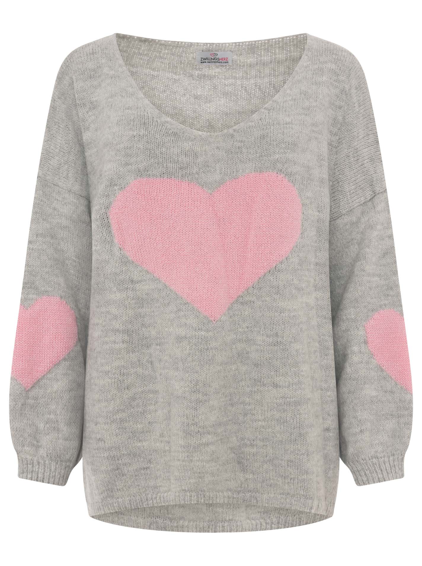 Oversize Strick Pullover „Herz“ - Made in Italy - Grau