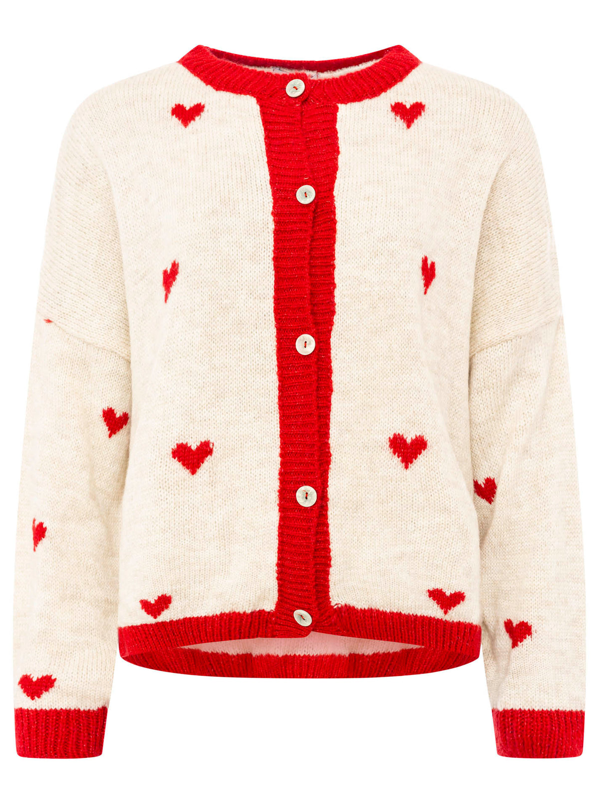 Zwillingsherz Weicher Mohair Cardigan Herz Strick - Beige/Rot