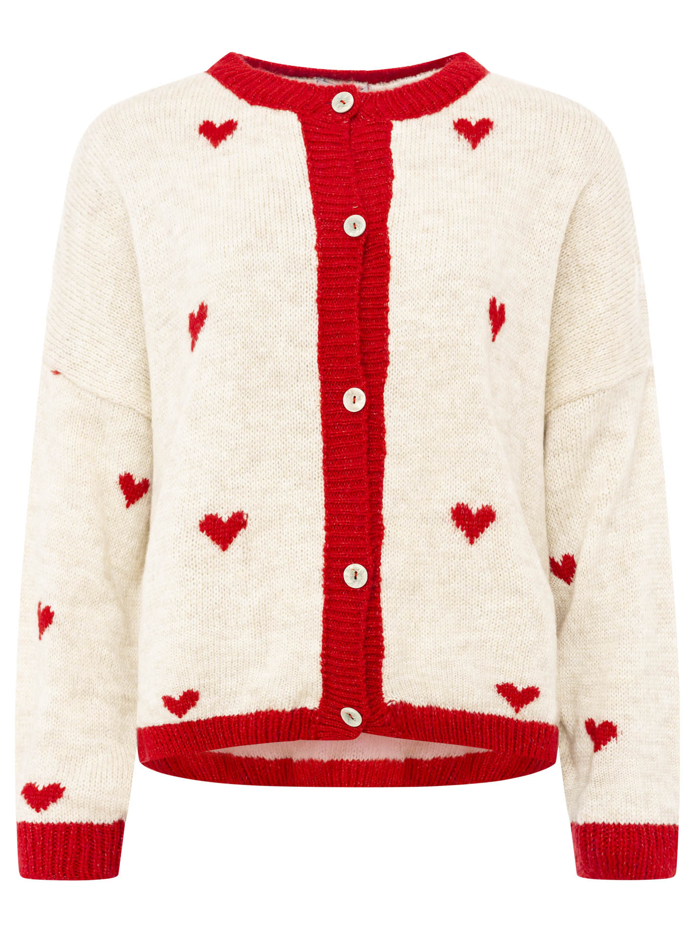 Zwillingsherz Weicher Mohair Cardigan Herz Strick - Beige/Rot