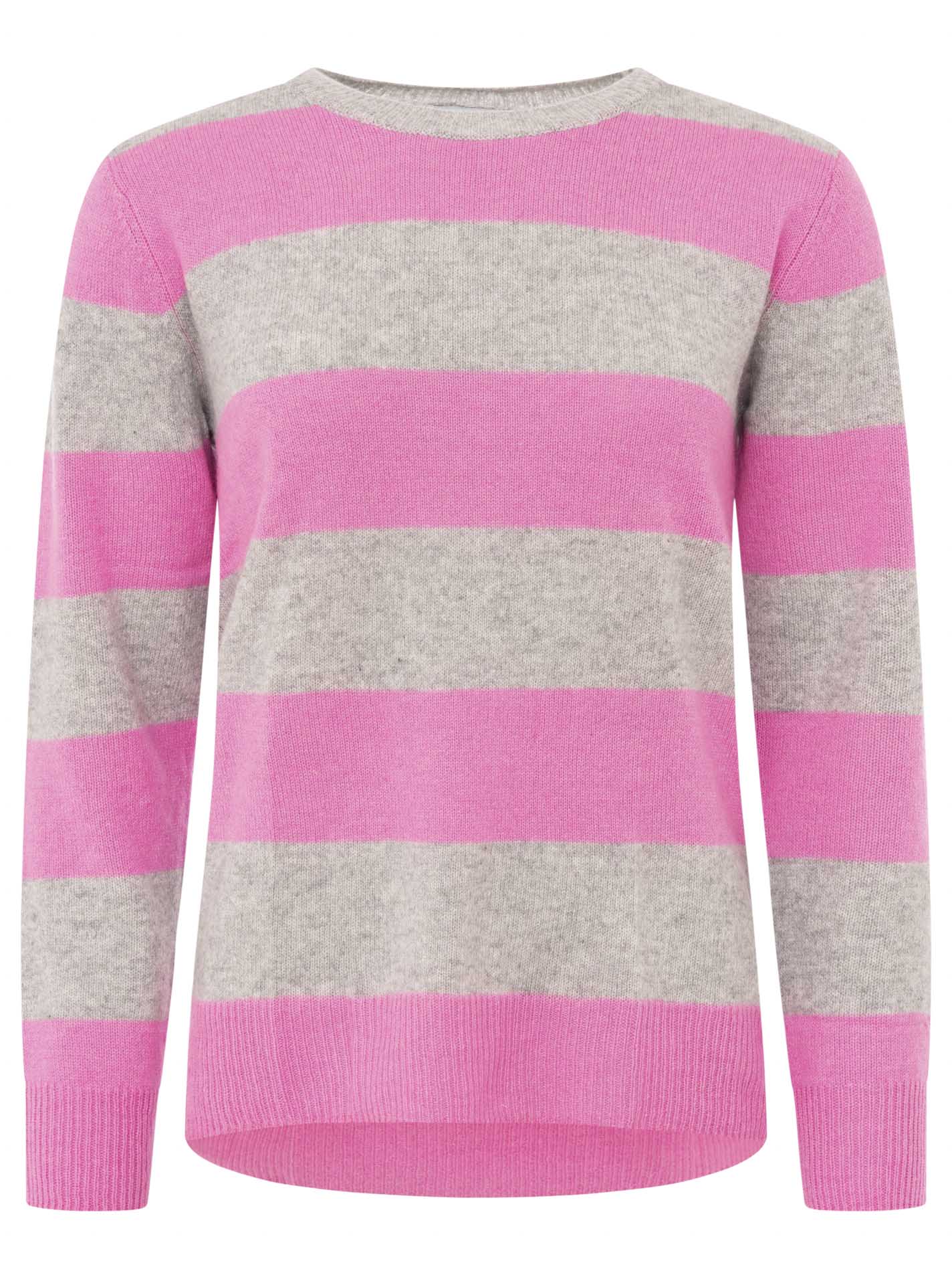 Zwillingsherz Kaschmir Pullover "Blockstreifen" - Hellgrau/Pink