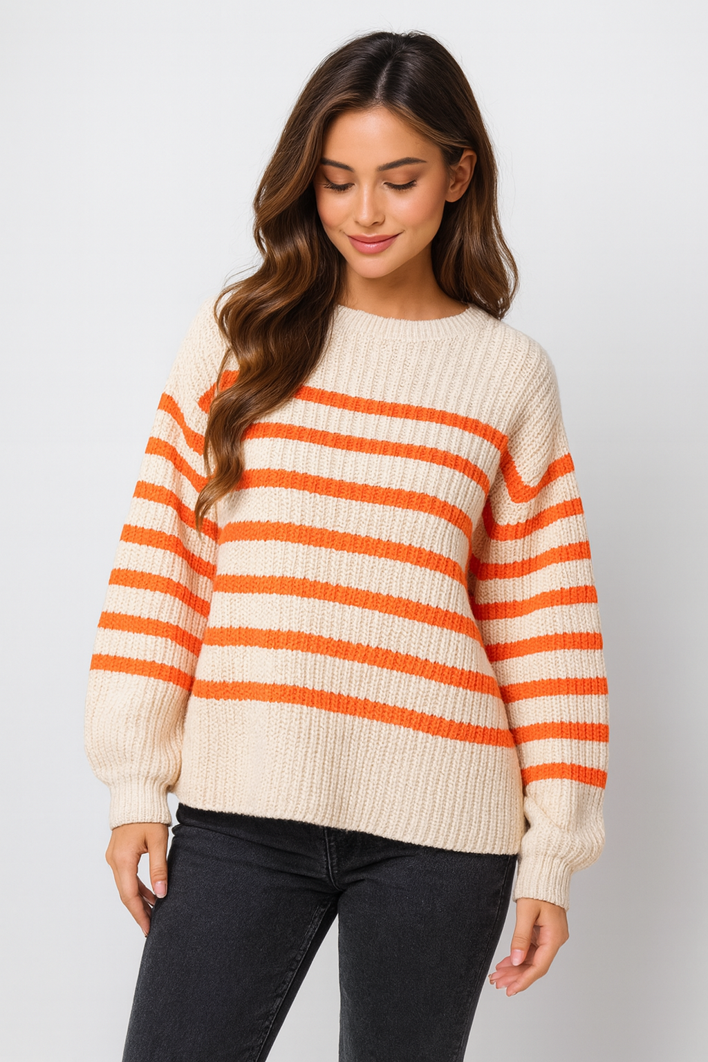 Flair - Pullover mit Streifenoptik - Weiß/Orange