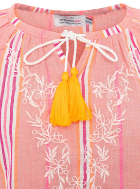 Zwillingsherz - Kurzarmbluse Summer Stripes - Neonkoralle