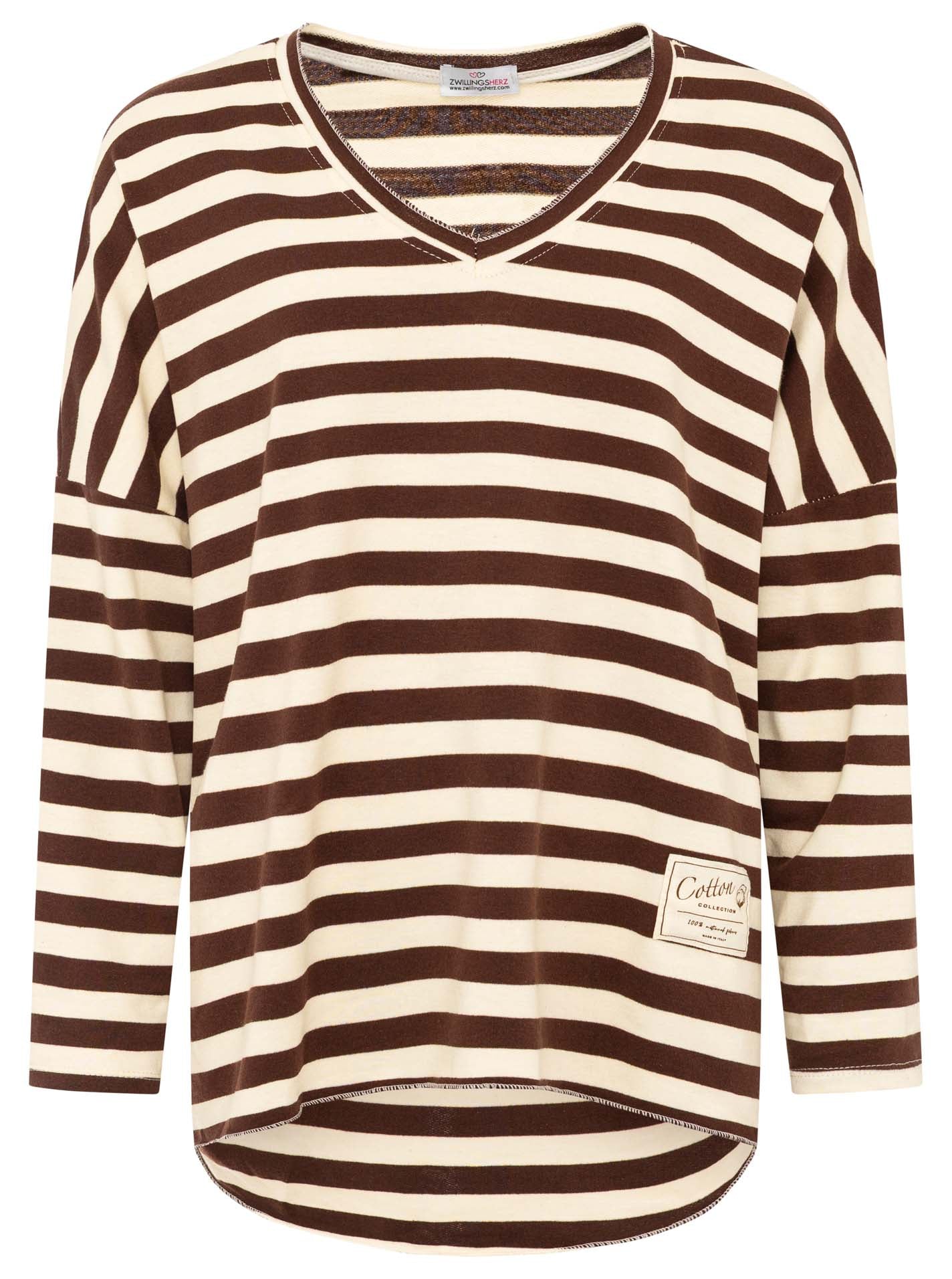 Zwillingsherz - Sweatshirt V-Neck "Streifen & Jersey" - Braun