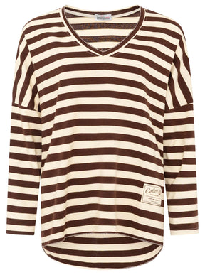 Zwillingsherz - Sweatshirt V-Neck "Streifen & Jersey" - Braun